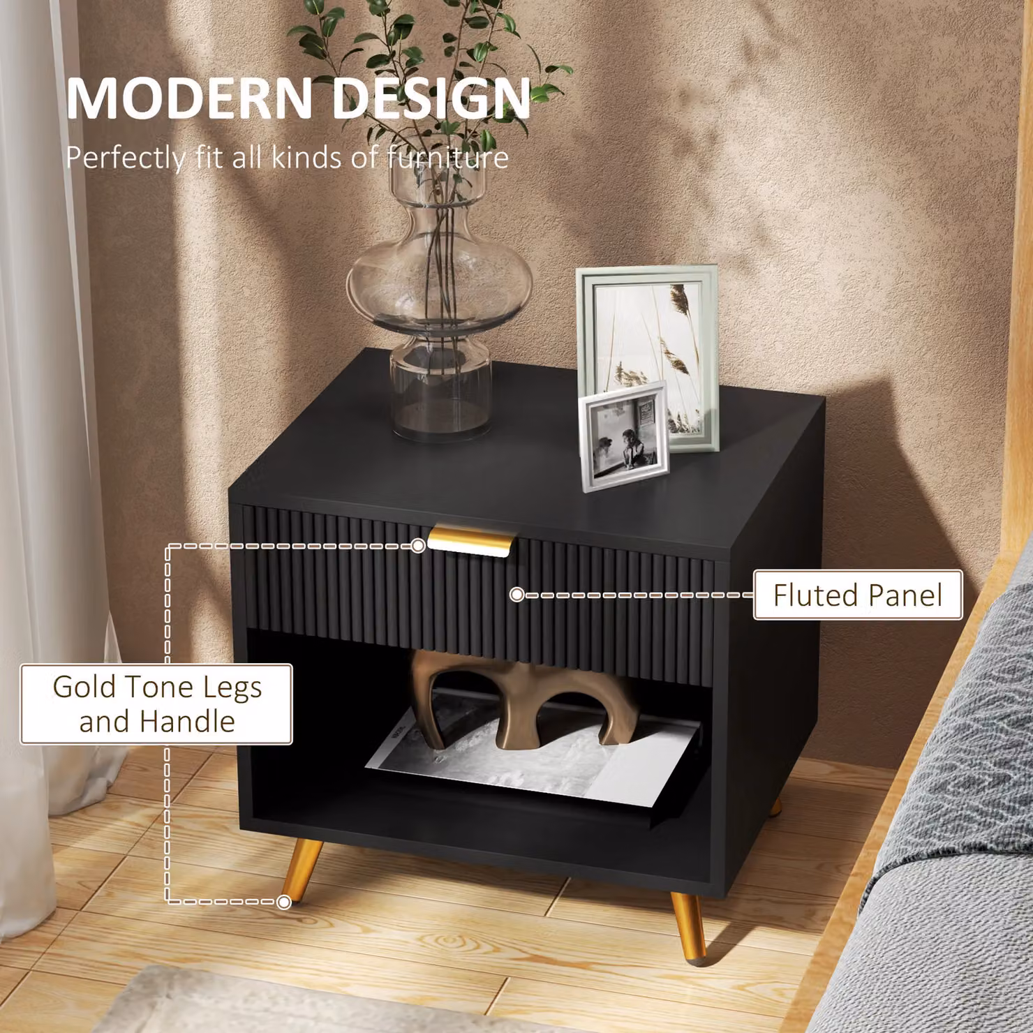 HOMCOM Modern Black Bedside Table with Drawer and Open Compartment – 3