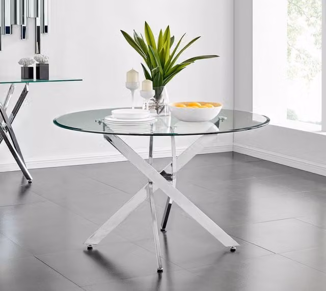 FurnitureboxUK Novara Round Glass Dining Table and 4 Milan Chairs Set in Chrome and Cappuccino Beige