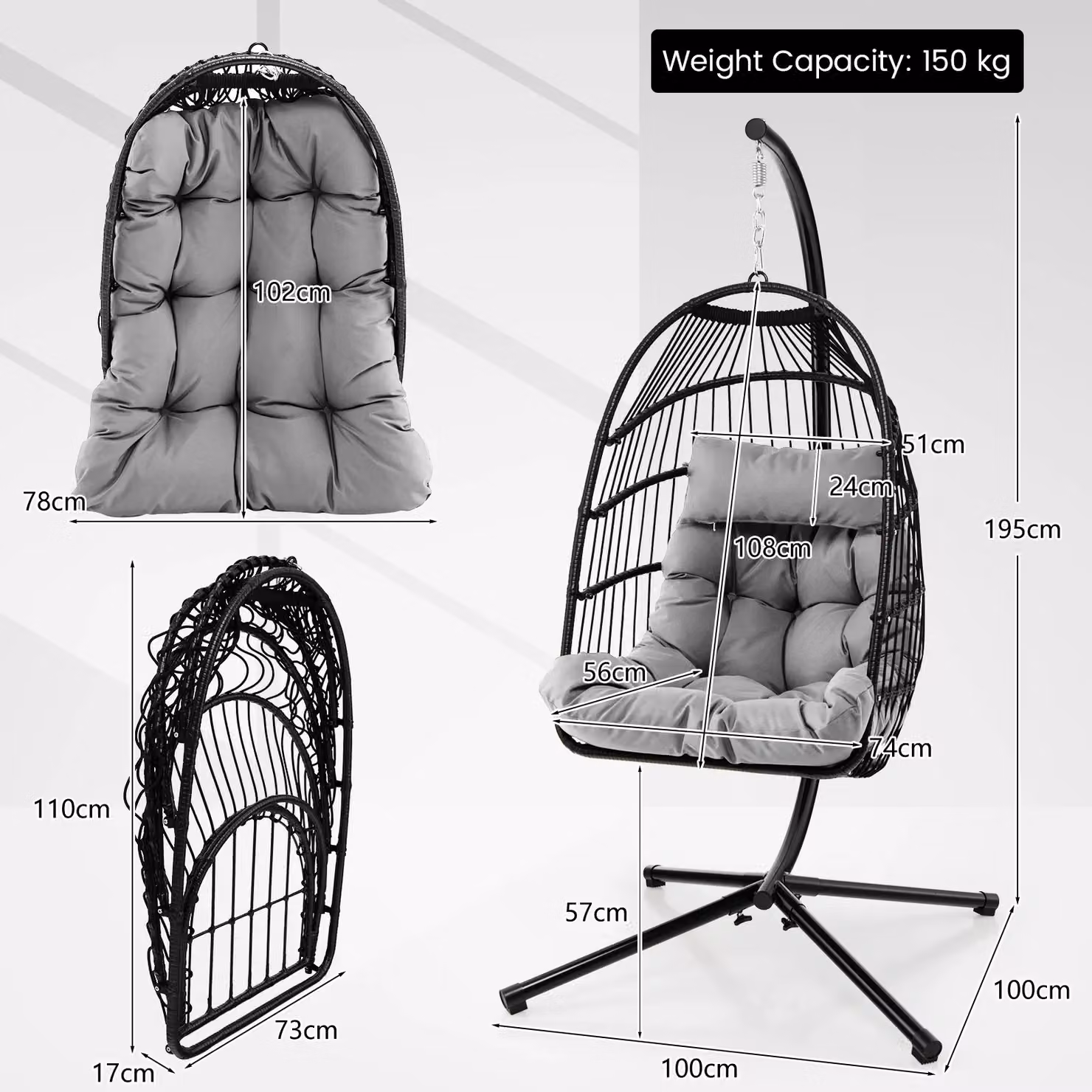 Gymax Grey Metal Hanging Egg Chair Hammock with Stand, Head Pillow and Cushion – 2