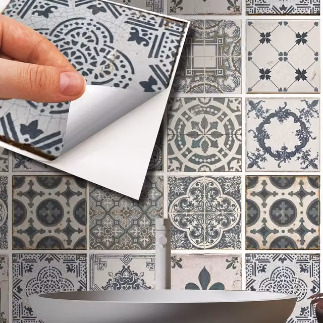 Walplus Adhesive Floral Vintage Square Wall Tile Stickers in Green, Beige, Blue and Multicolour, 15 x 15 cm, 24 Pack
