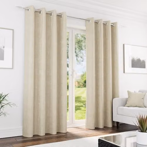 Enhanced Living Cream Chenille Blackout Eyelet Curtains, Thermal and Sound Dampening, Width: 168 cm, Drop: 137 cm