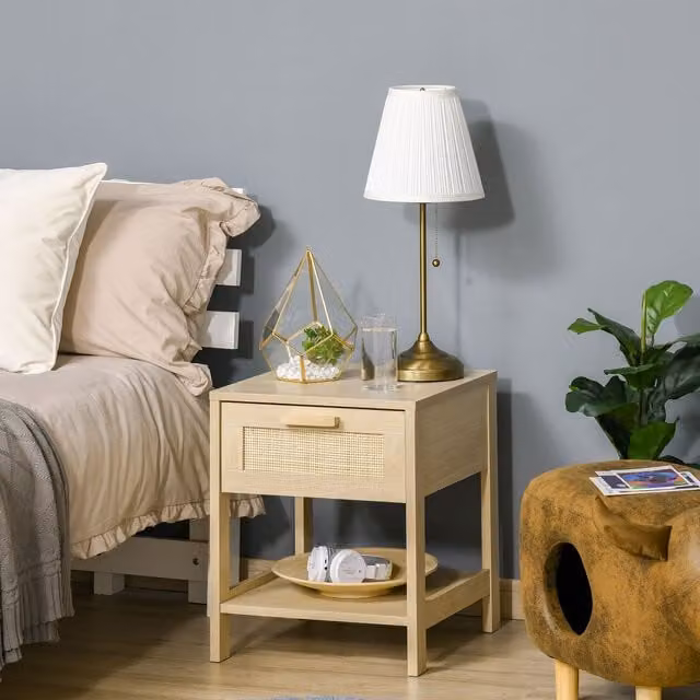 HOMCOM Brown and Beige Rattan Bedside Table with Drawer and Storage Shelf – 1