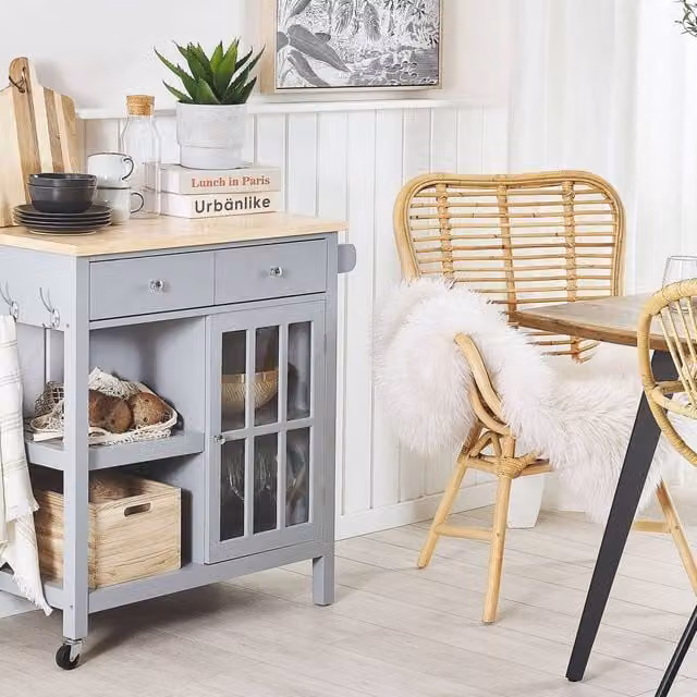 Wyld and Coco Scandinavian Kitchen Trolley in Grey with Light Pine Wood Top, Storage Drawers and Castors, H 88.0 x W 80.0 x D 43.0 cm – 1