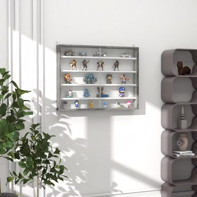 HOMCOM 5-Tier Wall Mounted Display Shelf Unit with Glass Doors in Grey – 1