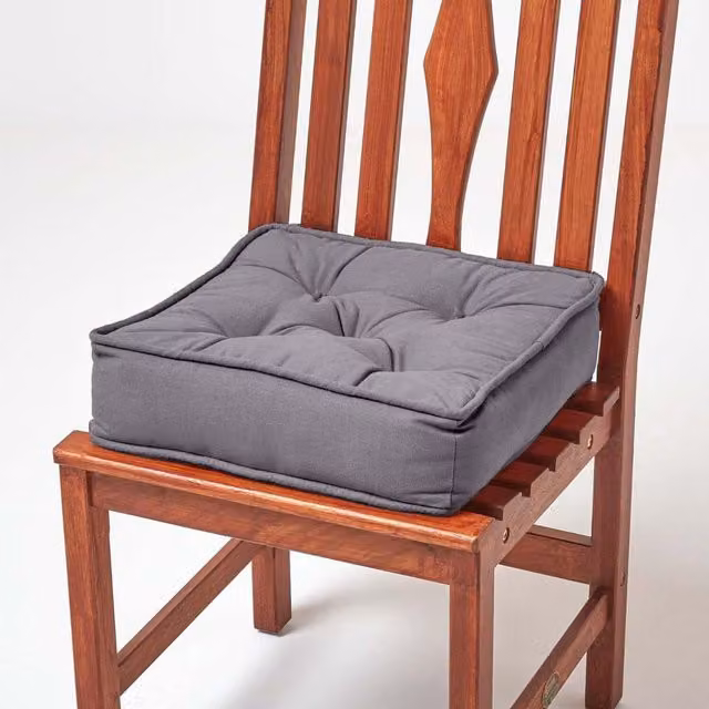 Homescapes Grey Cotton and Faux Leather Square Dining Chair Booster Cushion