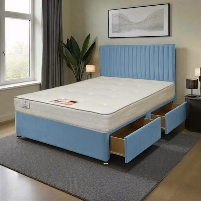 Knight Sleep Emily Plush Bed Set with Hybrid Mattress and 54 inch Headboard in Sky Blue, W/D/H: 180 x 200 cm