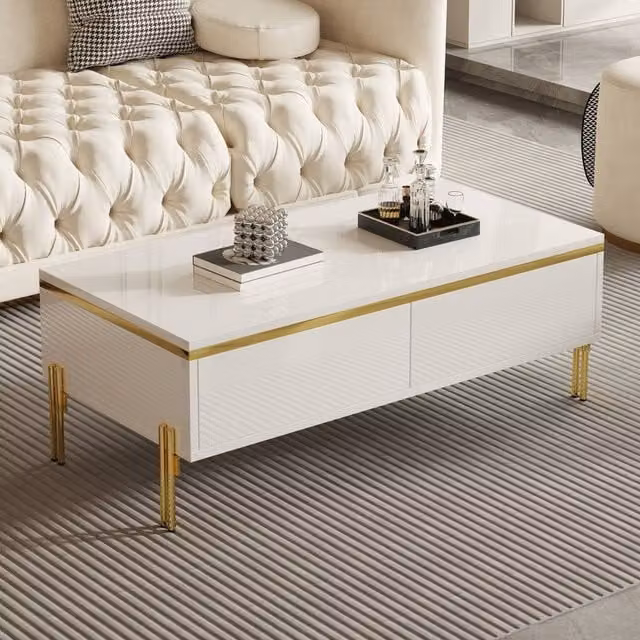 Merax Modern High Gloss Rectangular Coffee Table with Dual Drawers and Gold Metal Legs in White – 1
