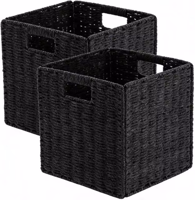 Kelvenix Set of 2 Black Faux Wicker Open Weave Foldable Plastic Baskets