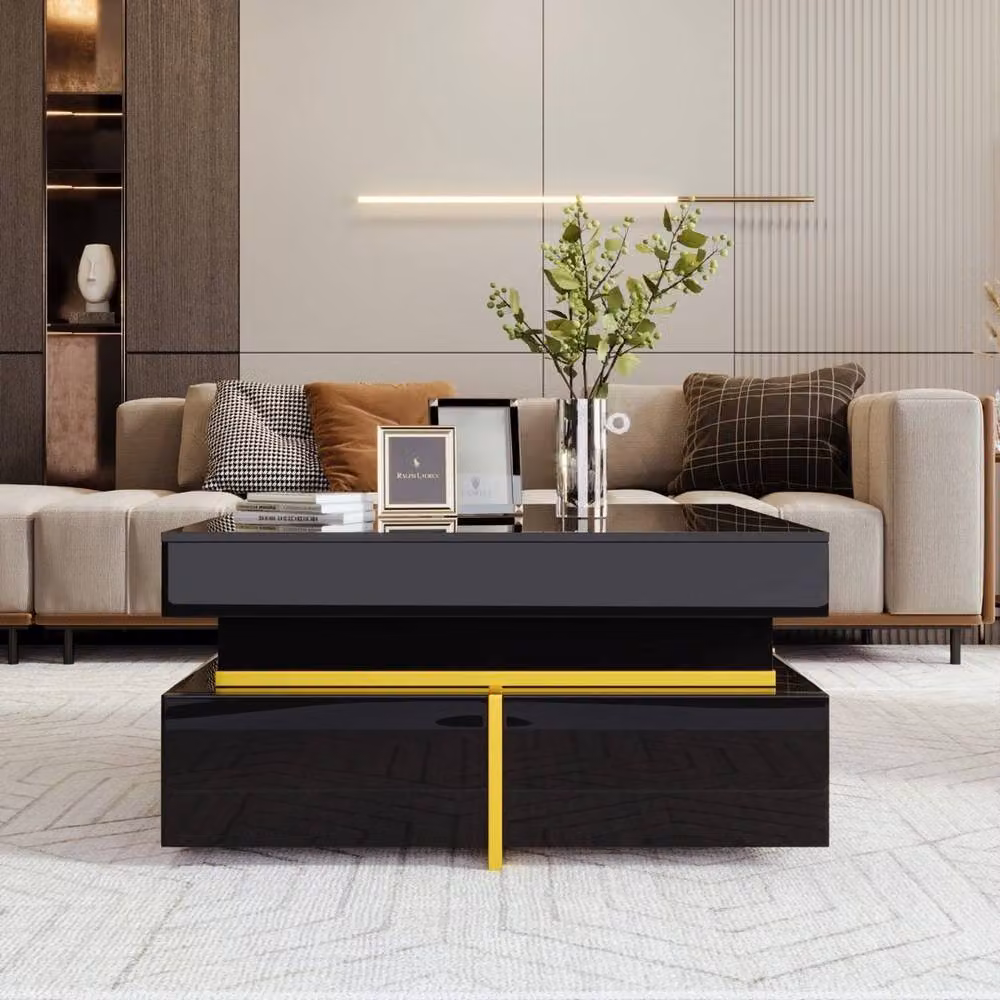 VOGREX Modern High Gloss Black and Gold Side Coffee Table with 2 Storage Drawers, W: 110 cm, D: 35 cm – 4
