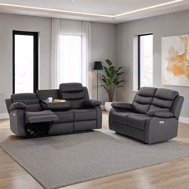 Seconique Roma 3 and 2 Seater Electric Recliner Suite in Grey Synthetic Leather with USB Charging