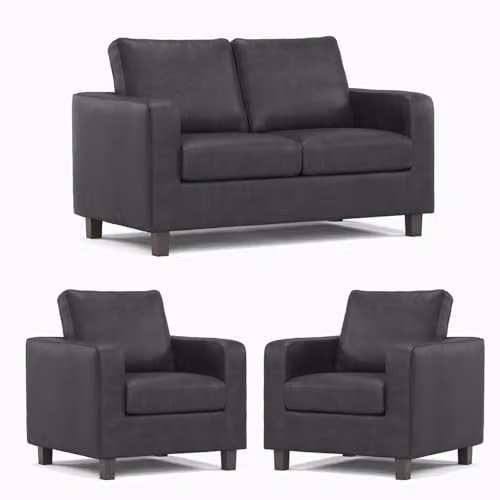 Furnishings For Less UK York 3 Piece Sofa Suite in Black Faux Leather, including 2 Seater Sofa and 2 Armchairs