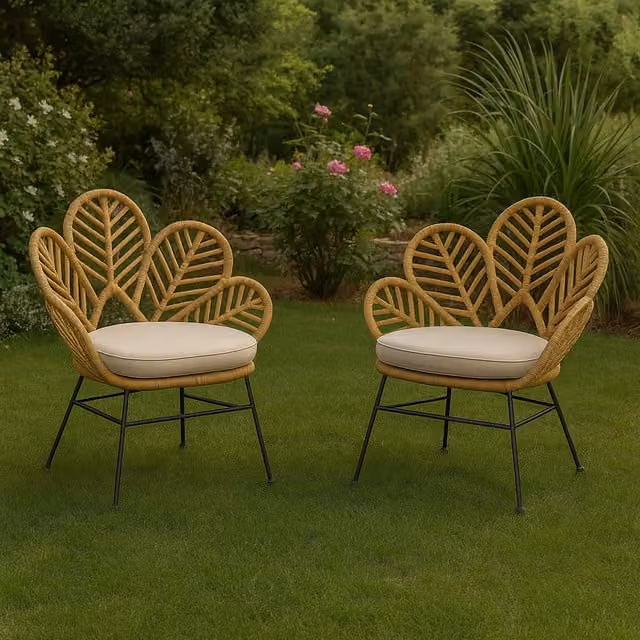 Homerepublic Floral Rattan and Metal Boho Chair in Beige and Black