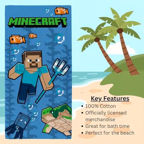 Dreamtex Minecraft Trident Printed Beach Towel in Blue and Multicolour, W/H: 70 x 140 cm – 2