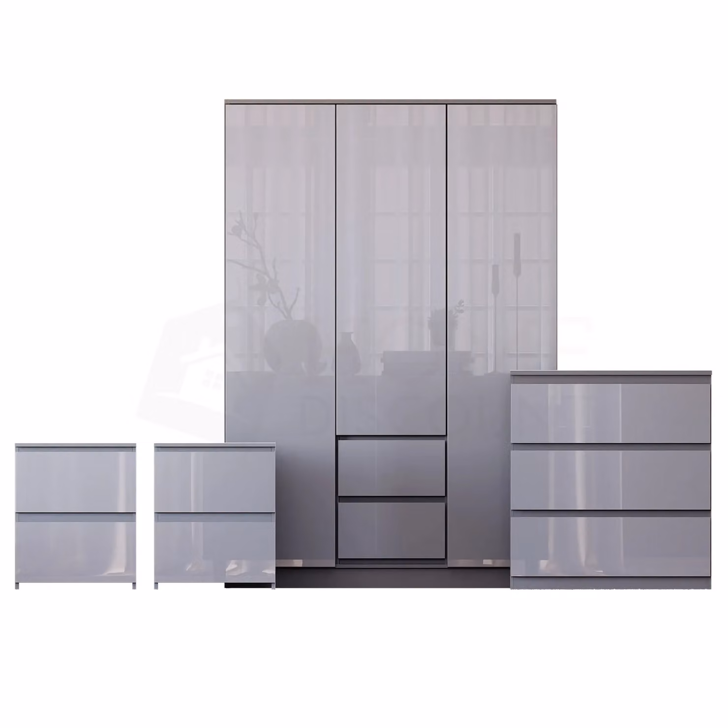 Home Discount Vida Designs Glinton 4 Piece Grey Glossy Modern Bedroom Set including Wardrobe, 3 Drawer Chest and 2 Nightstands – 2