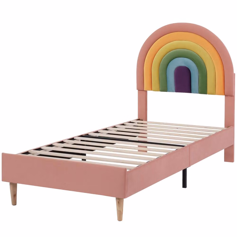Rolipo Pink Velvet Upholstered Double Bed for Children's Bedrooms, W/D/H: 140 x 200 cm – 2