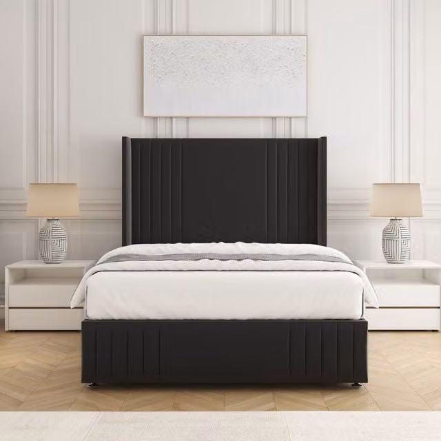 BSSPOKE Peyton King Size Divan Bed Set with 54 inch Headboard and Mattress in Black Plush Velvet, W/D/H: 180 x 200 cm