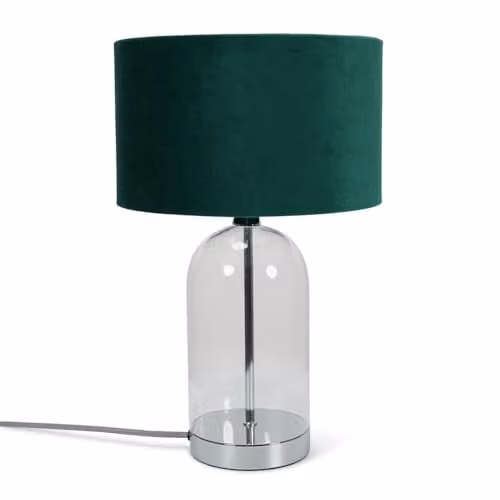 ValueLights Glass and Silver Chrome Table Lamp with Forest Green Velvet Lampshade and Warm White LED Bulb