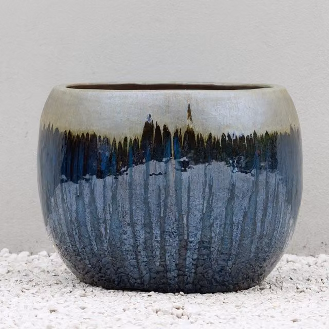 Primrose Glazed Round Outdoor Clay Planter in Blue, Gold and Green