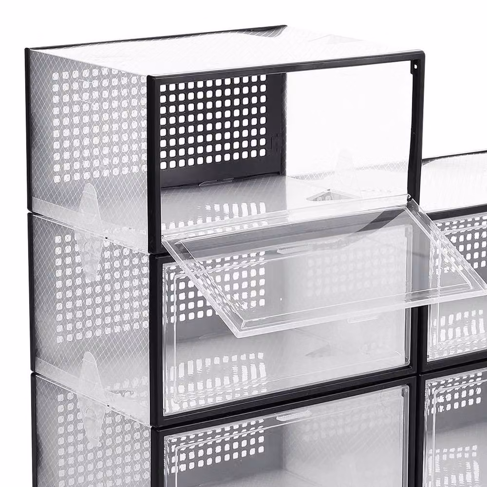KORVIXA 12 Piece Stackable Plastic Shoe Storage Boxes, Black and Transparent, W: 50 cm, D: 50 cm, H: 50 cm – 3