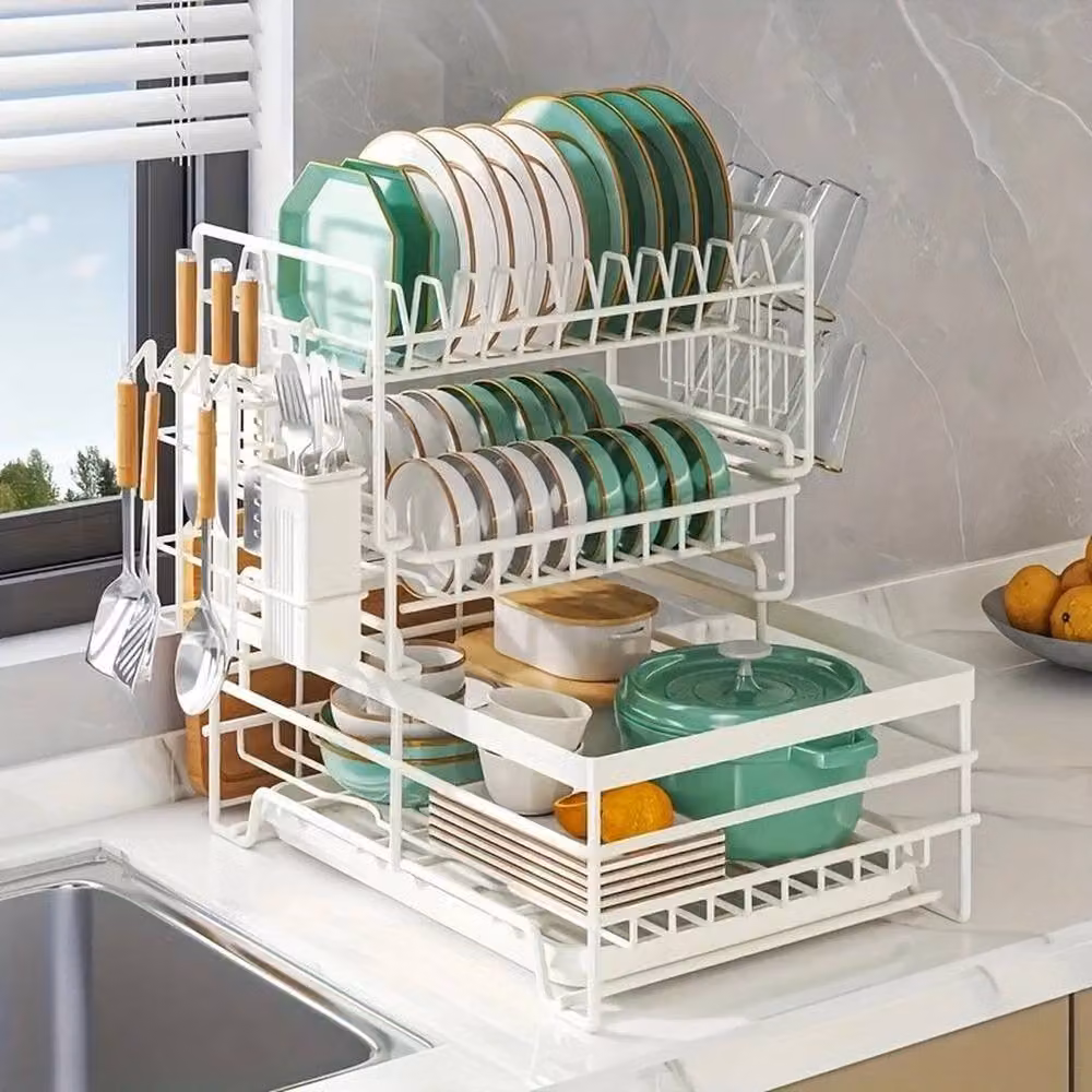 Kelvenix White 3 Tier Metal Kitchen Sink Dish Drainer Rack with Cutlery Holder, W: 52 cm, D: 52 cm, H: 35.5 cm – 2