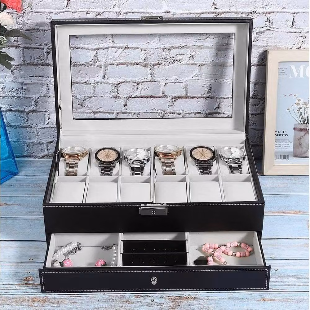 EONLION Black PU Leather Watch Winder and Storage Box with Glass Lid, W: 50.0 cm, D: 30.0 cm, H: 15.0 cm – 4