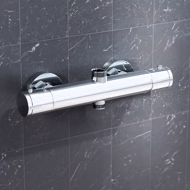 Nes Home Round Chrome Thermostatic Double Outlet Wall Mounted Shower Bar Valve in Silver – 1