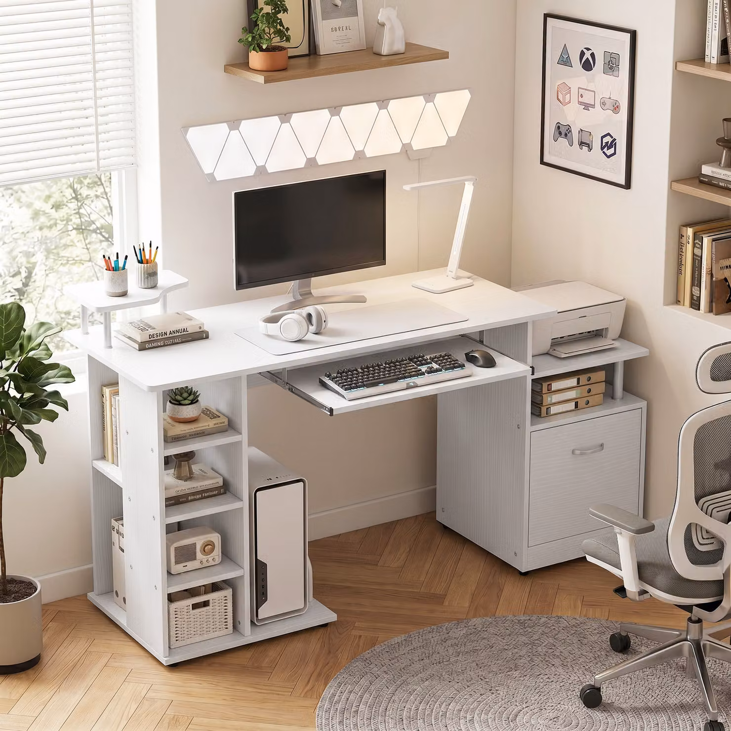 HOMCOM Modern White Computer Desk with Drawer and CPU Storage Rack – 2