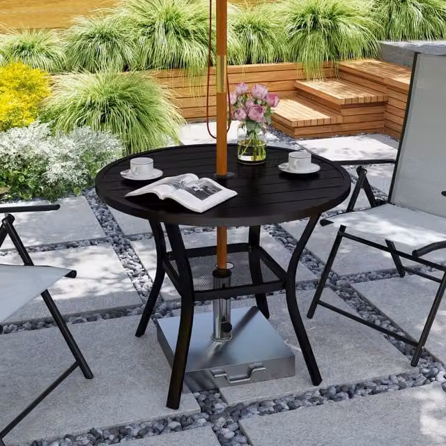 Outsunny Round Metal Garden Dining Table with Parasol Hole in Black