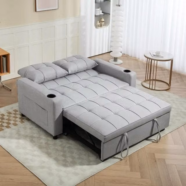 Chilli Seating Grey Fabric Two-Seater Click-Clack Pull Out Sofa Bed with Cup Holders