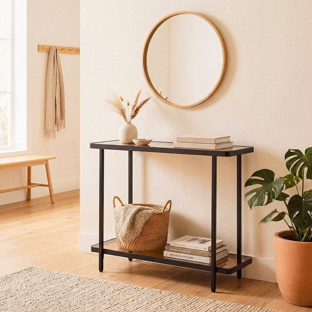 CALICOSY ORA Modern Console Table with Two Smoked Glass Shelves, Black, W: 80 cm, D: 30 cm, H: 80 cm – 2