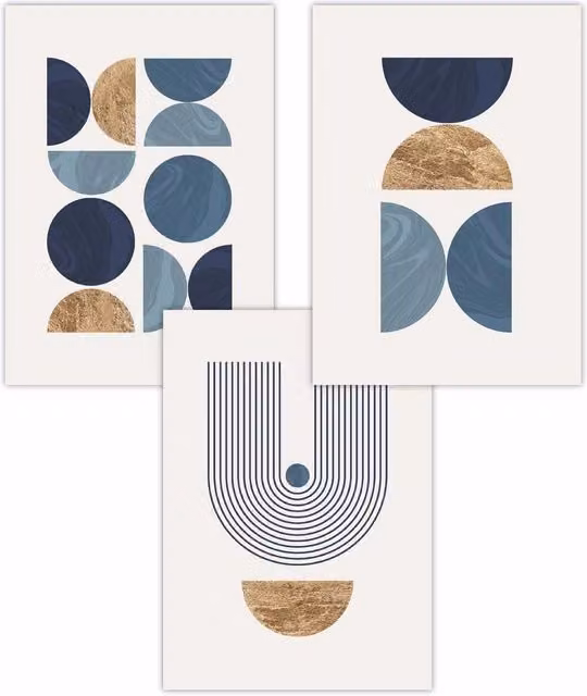 ARTZE Set of 3 Mid Century Geometric Abstract Art Posters in Navy, Blue and Gold, W: 30 cm, H: 42 cm