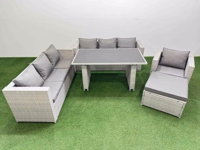 Fimous Light Grey Patio Garden Furniture Set with Big Stool in Rattan, Metal and Glass