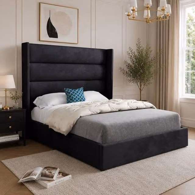 Casani Rainham Super King Straight Winged Designer Bed Frame in Black Soft Velvet