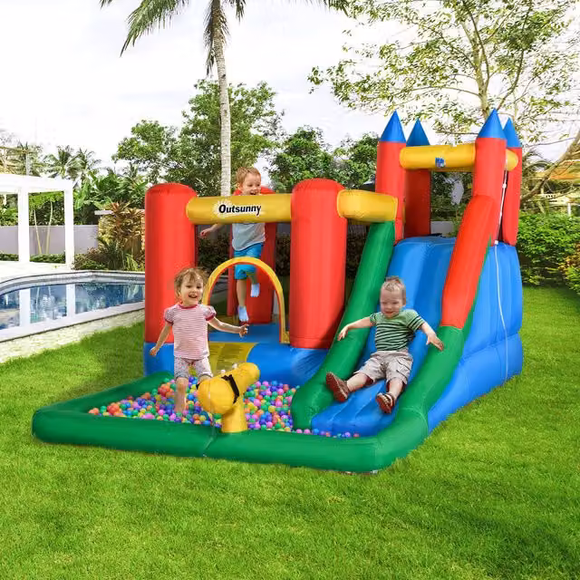 Outsunny 6-in-1 Water Slide Bounce House with Spray in Blue and Multicolour