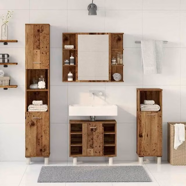 Berkfield Home 4 Piece Rustic Brown Bathroom Furniture Set including Mirror Cabinet, Wall Cabinet, Tall Cabinet and Vanity Unit
