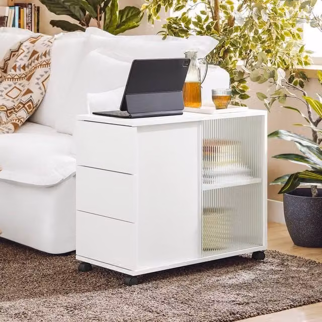 SoBuy Mobile Coffee Table with Glass Doors and Castors in White