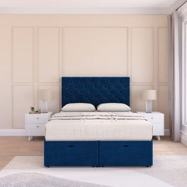 Sloomy Mayfair Super King Ottoman Bed with 26 Inch Headboard and Hybrid Memory Mattress in Navy Blue
