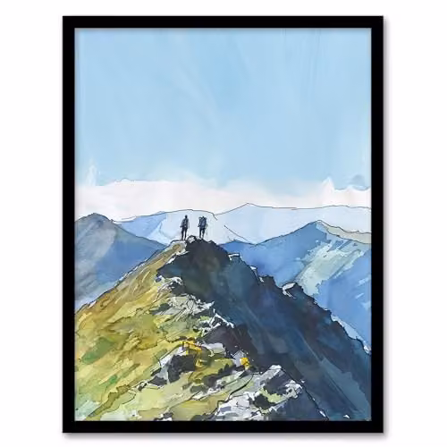 Artery8 Hikers on Helvellyn Mountain Ridge Landscape Framed Wall Art Print, Multicolour, W: 21.0 cm, H: 29.7 cm