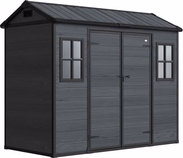 Outsunny Wood-Effect Resin Garden Shed in Dark Grey with Windows, Floor and Lockable Double Doors