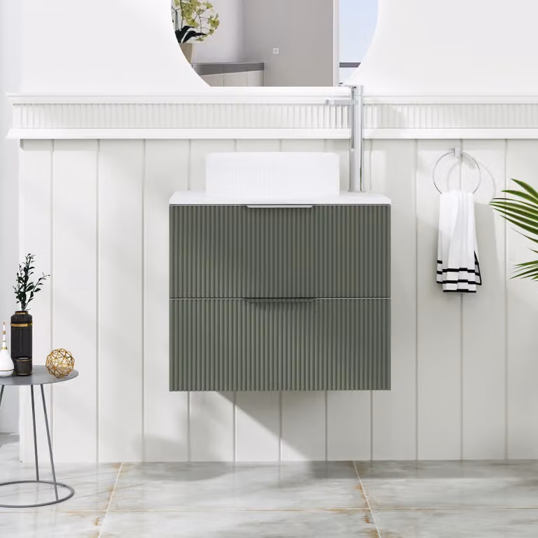 Royal Bathrooms Evora 600mm Sage Green Fluted Wall Hung Countertop Vanity Unit with 2 Drawers and Round Basin