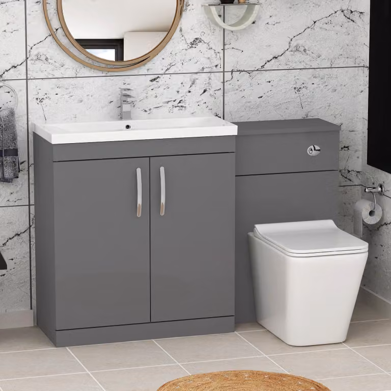 Royal Bathrooms Indigo Grey Gloss 2 Door Furniture Pack with Mid Edge Basin and Slim Elena Back to Wall Toilet, W: 130 cm