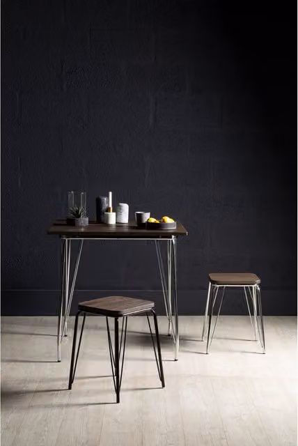 Orsina Industrial Metal and Elm Wood Outdoor Dining Table in Grey and Brown, W/D/H: 80 x 80 x 76 cm – 1