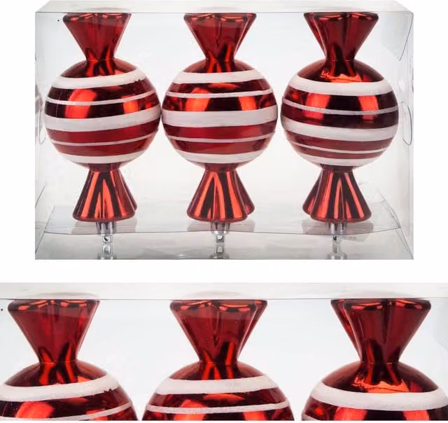 VFM e-Store Red and White Striped Glass Baubles, 3 Pack, Diameter: 14 cm