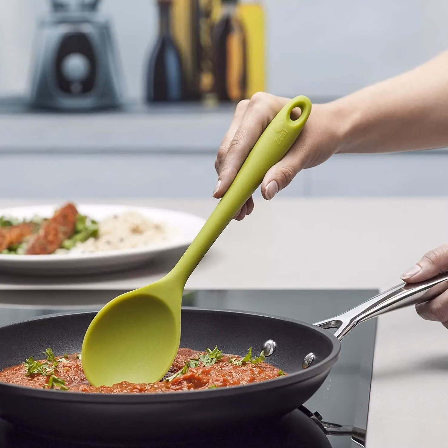 Zeal Silicone Non-Stick Oval Cooking Spoon, Green, 28 cm – 3