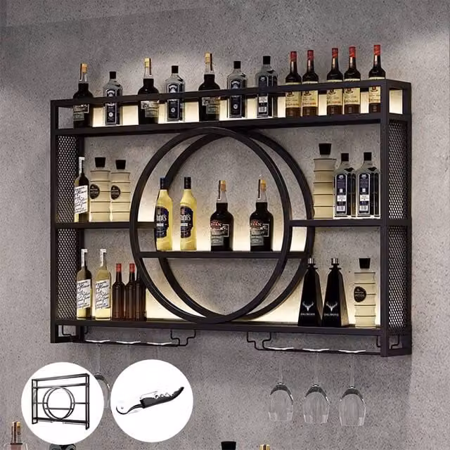 FORGEVIO S-Industrial Wall Mounted Wine Rack Cabinet with Glass Holder in Matt Black Metal – 1