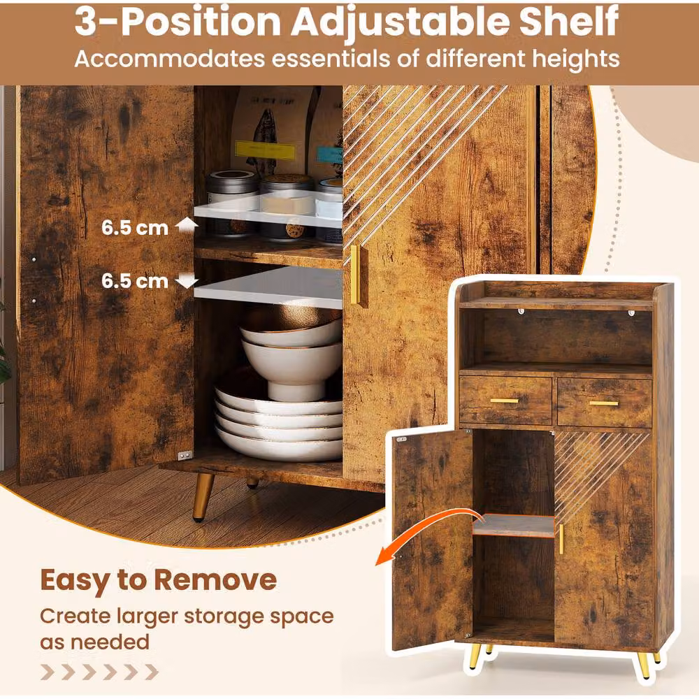 Costway Kitchen Pantry Storage Hutch Cupboard in Brown with Hinged Doors and Internal Shelves – 9