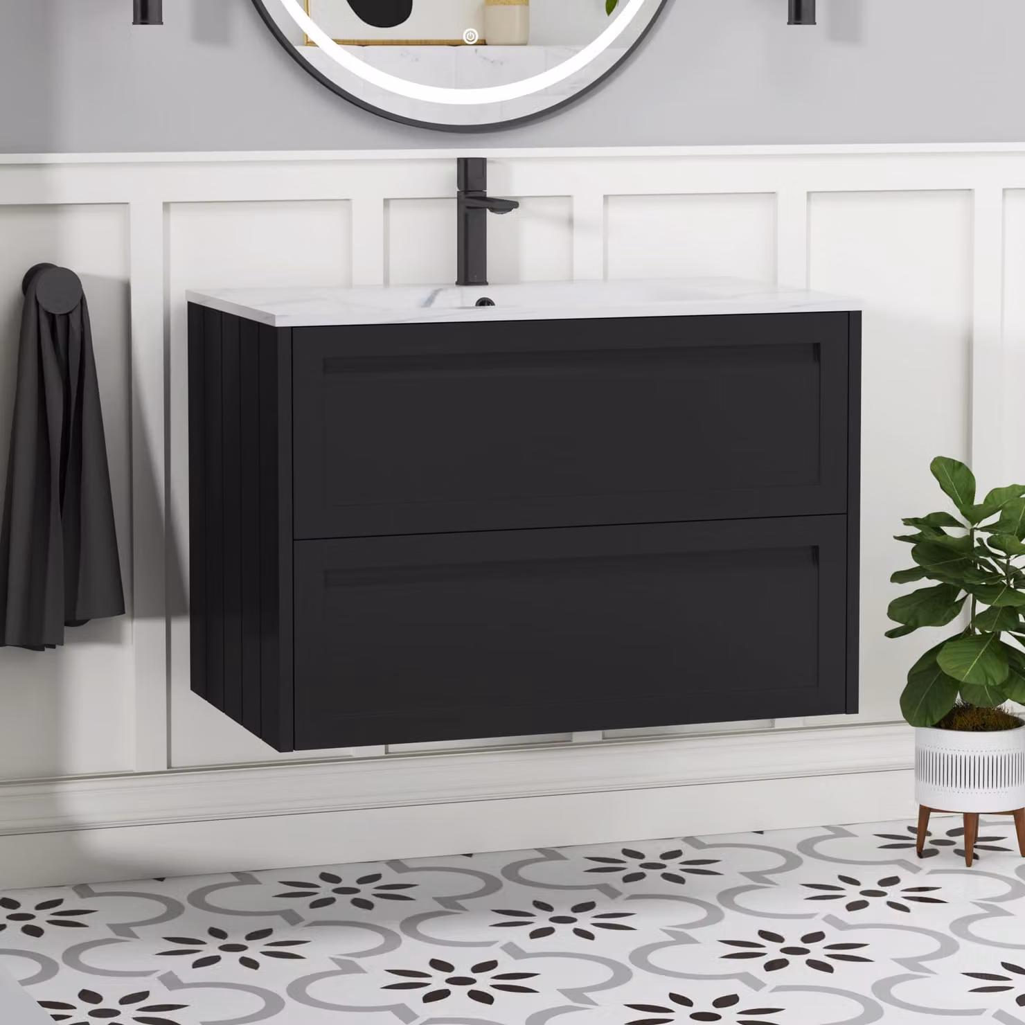 Royal Bathrooms Elmore 800mm Traditional Wall Hung 2 Drawer Vanity Unit with Carrara White Basin, Matt Nocturne Black