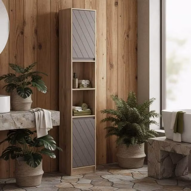 Wyld Haus Kaeldo Slim Freestanding Bathroom Storage Cabinet in Grey and Oak, H 170 x W 24 x D 30 cm