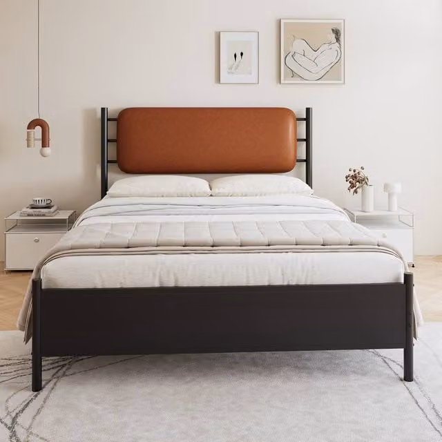 Merax Double Bed Frame in Black Metal with Brown PU Upholstered Headboard, W/D/H: 140 x 200 x 137 cm