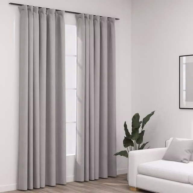 Berkfield Grey Linen-Look Blackout Curtains with Hooks, 2 Pack, W: 140 cm, H: 225 cm – 1